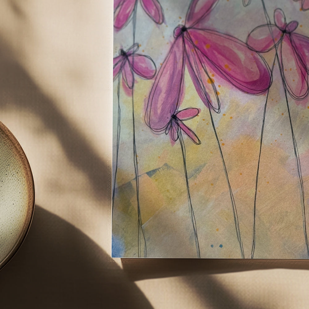 Close up view of a 6×6 blank acrylic and ink note card “Starlit Daisies” with kraft envelope on tabletop—perfect blank thank you cards, baby shower thank you cards, graduation thank you cards, wedding note.