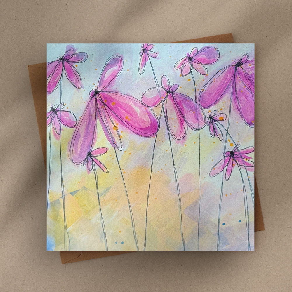 Flat lay of a 6×6 blank acrylic and ink note card “Starlit Daisies” with kraft envelope on tabletop—perfect blank thank you cards, baby shower thank you cards, graduation thank you cards, wedding note.