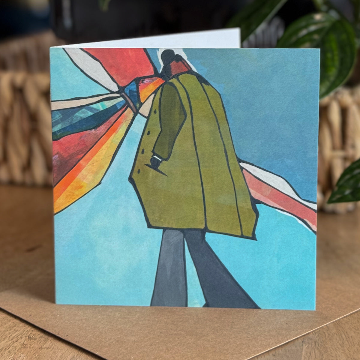 Portrait view of a 6×6 blank watercolor note card “Archer” with kraft envelope—great gift for men, Father’s Day card, card for son, brother, dad, thank you card, all-occasion note.