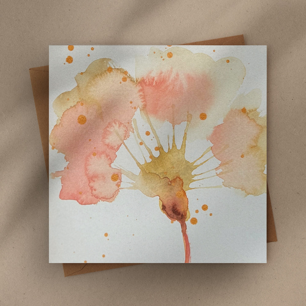 Flat lay of a 6×6 blank watercolor note card “Golden Blush” with kraft envelope—perfect blank thank you cards, baby shower thank you cards, graduation thank you cards, wedding note.