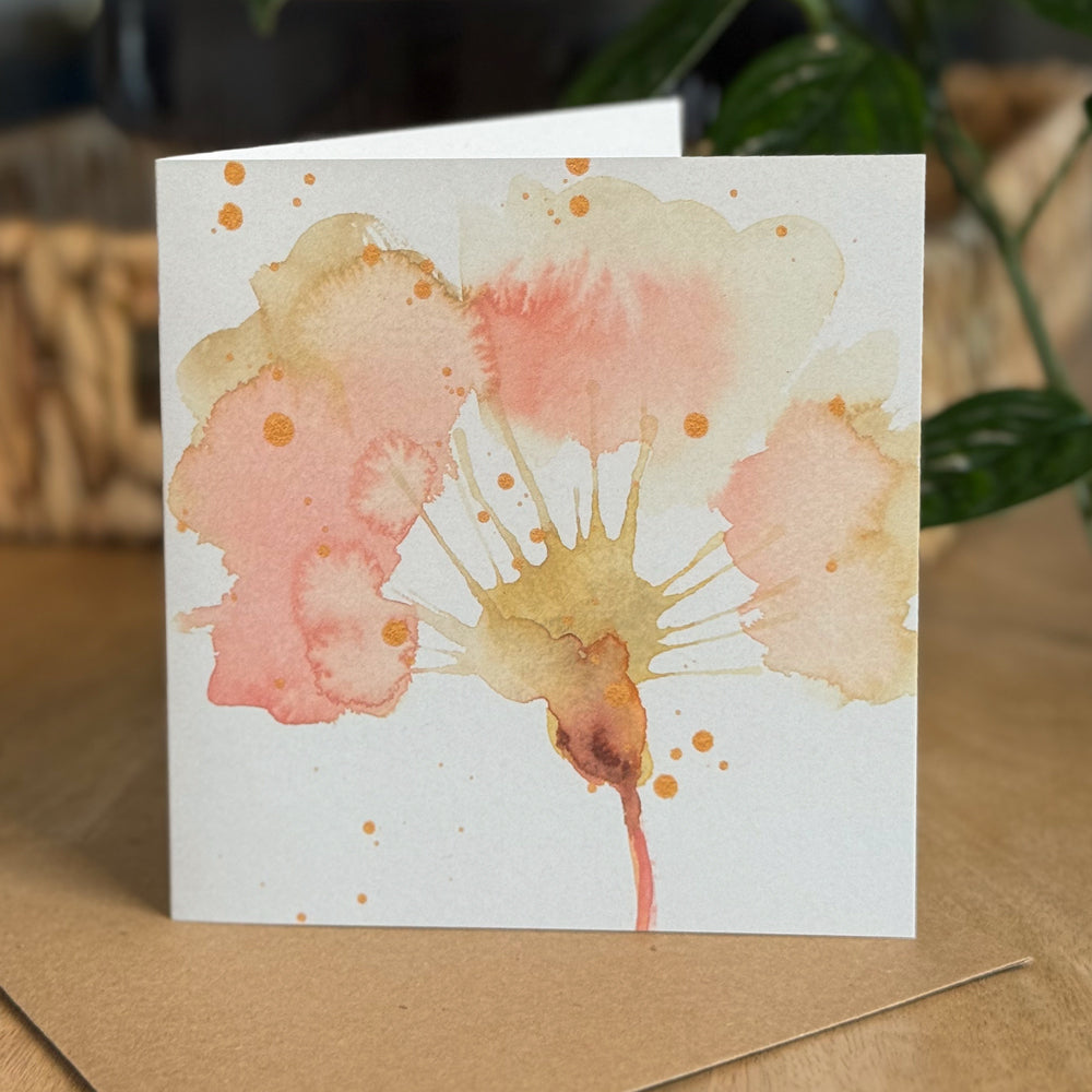 Portrait view of a 6×6 blank watercolor note card “Golden Blush” with kraft envelope—perfect blank thank you cards, baby shower thank you cards, graduation thank you cards, wedding note.