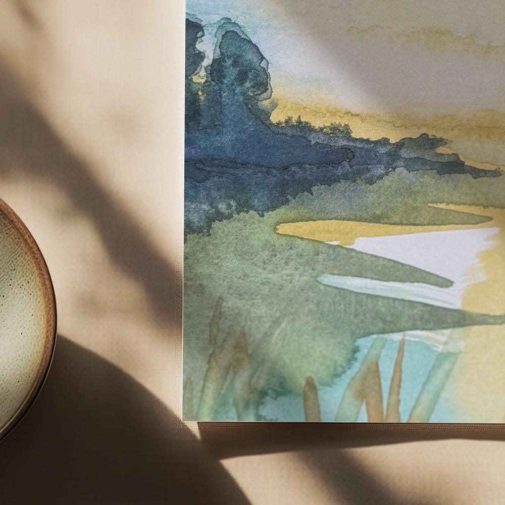 Close up view of a 6×6 blank watercolor note card “Golden Hour” with kraft envelope—perfect blank thank you cards, condolence cards, bereavement cards, graduation thank you cards, wedding note.