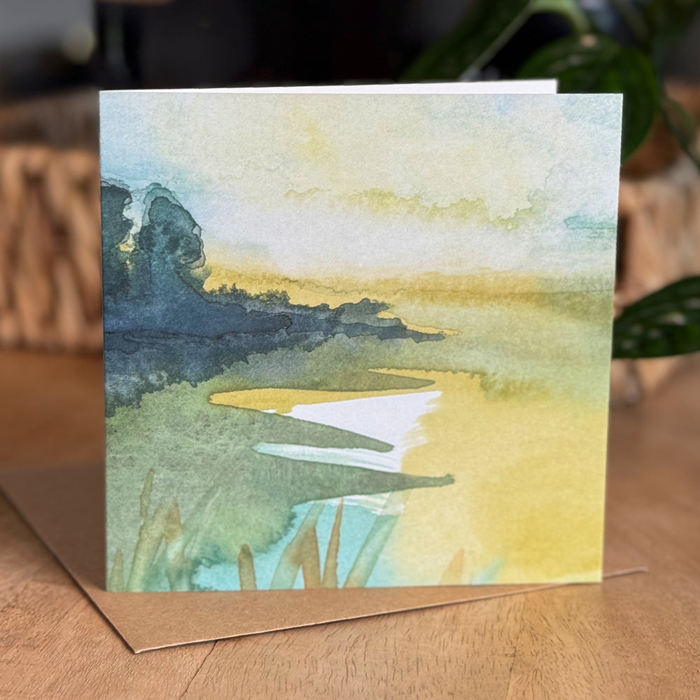 Portrait view of a 6×6 blank watercolor note card “Golden Hour” with kraft envelope—perfect blank thank you cards, condolence cards, bereavement cards, graduation thank you cards, wedding note.