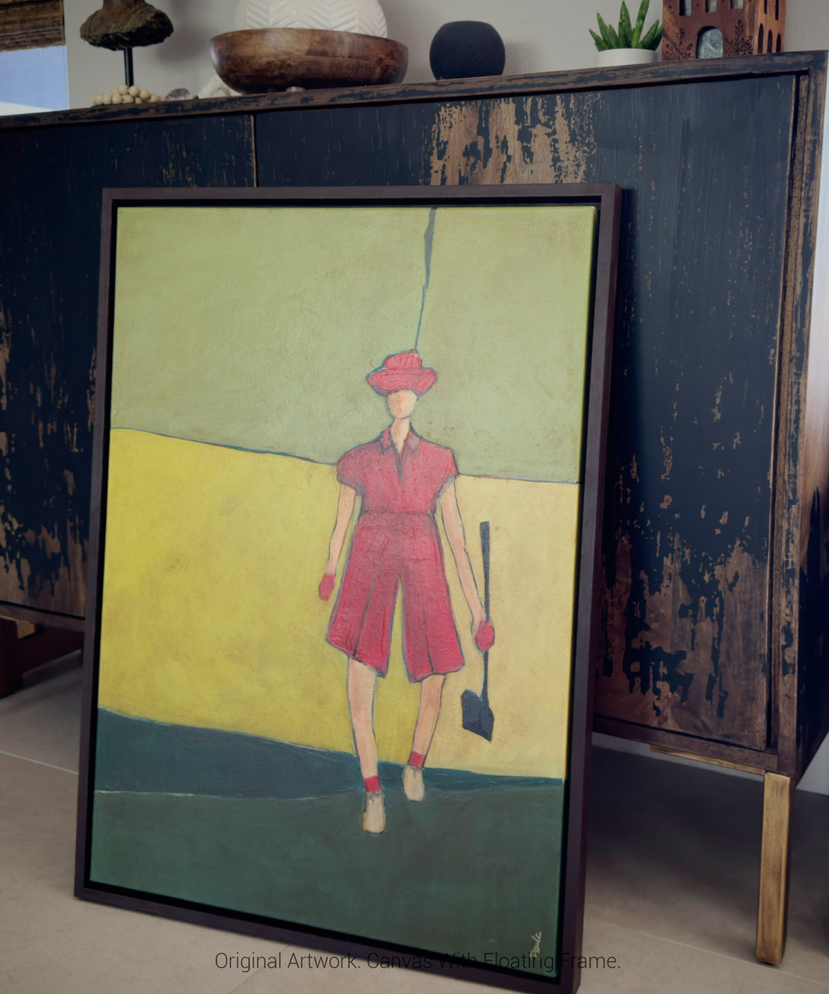 Side angled view of framed canvas painting Pink on The Green showing the 1.5 inch deep cradled wood frame.