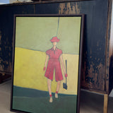 Side angled view of framed canvas painting Pink on The Green showing the 1.5 inch deep cradled wood frame.