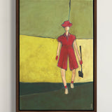 Original acrylic painting titled Pink on The Green featuring a female golfer in a pink outfit holding a driver on an abstract green background, framed in dark brown wood.