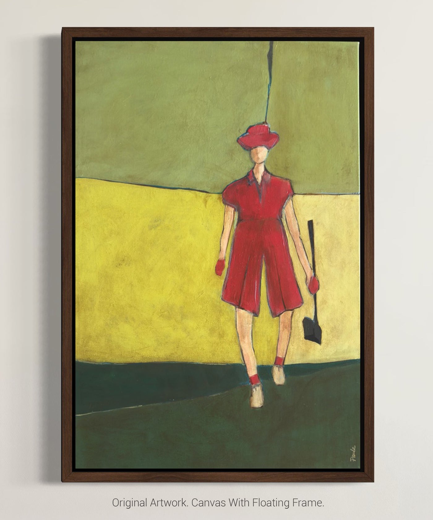 Original acrylic painting titled Pink on The Green featuring a female golfer in a pink outfit holding a driver on an abstract green background, framed in dark brown wood.