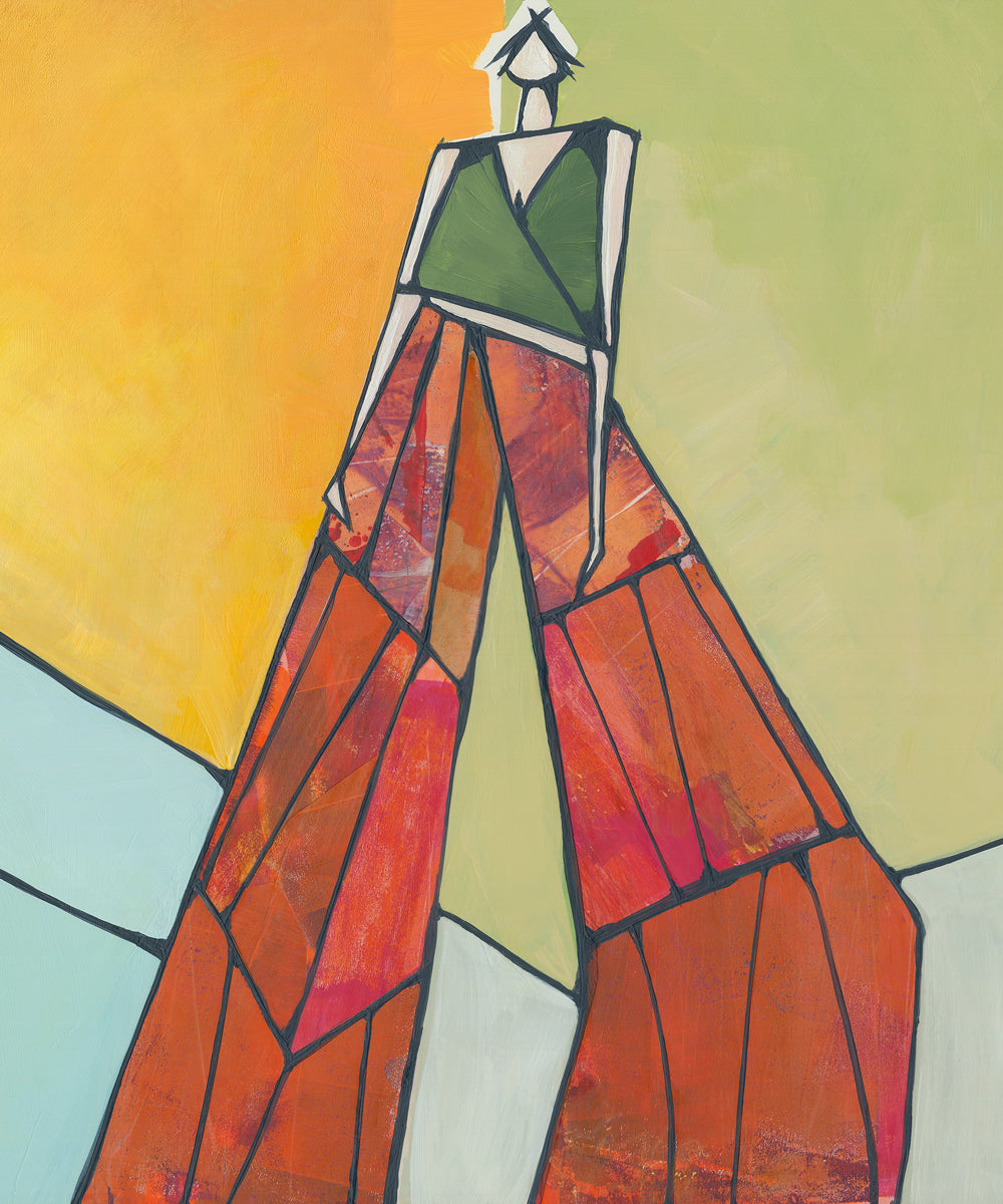 Abstract artwork with geometric shapes and vibrant colors on a yellow background