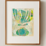 Original abstract monotype art in teal blue green sage lime and mustard yellow with mid century modern botanical shapes organic linework and layered texture 11 x 14 artwork matted to 16 x 20 modern wall art gift ideas for art lovers housewarming gift new home gift wedding gift anniversary gift retirement gift birthday gift for design lovers and collectors