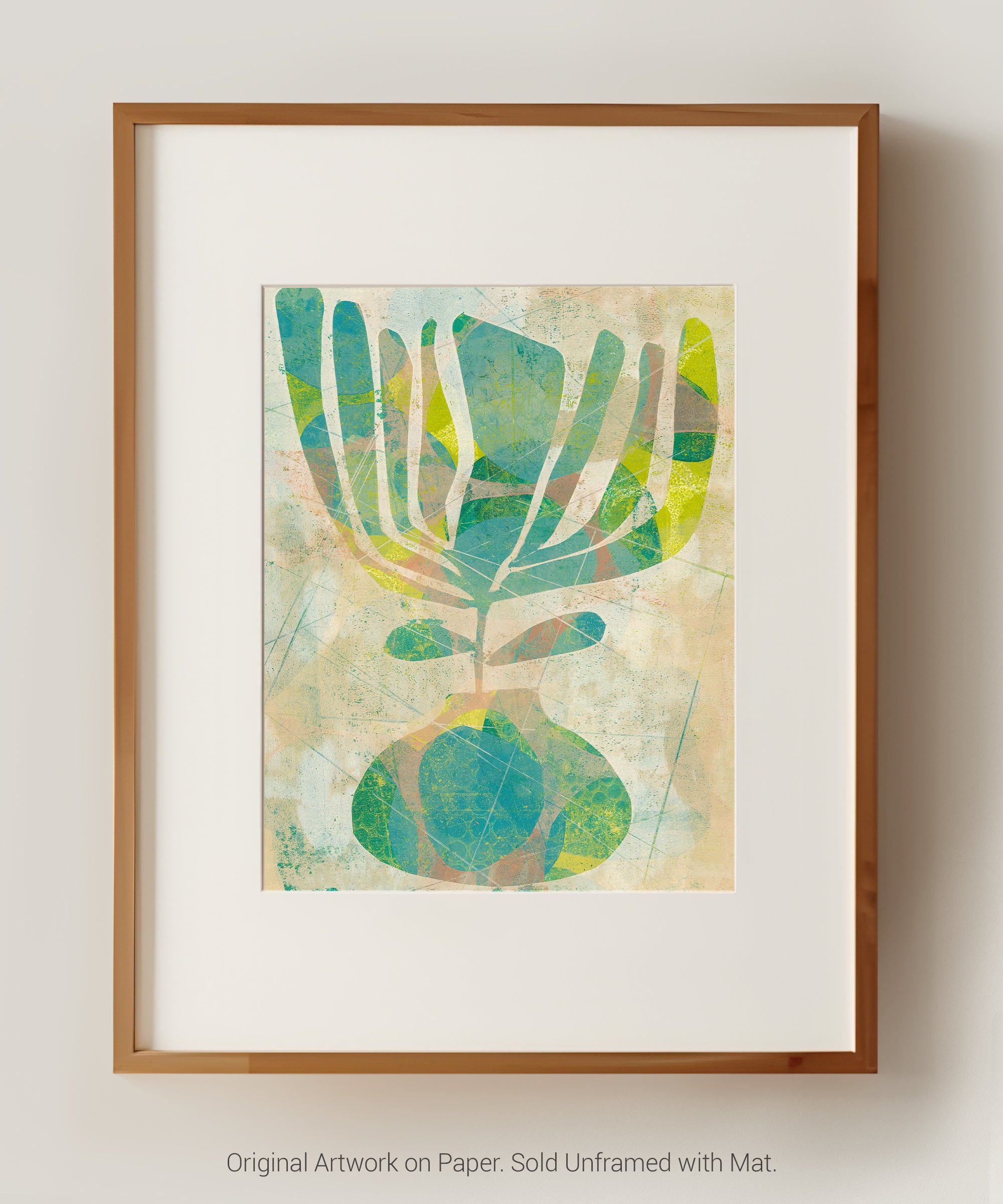 Original abstract monotype art in teal blue green sage lime and mustard yellow with mid century modern botanical shapes organic linework and layered texture 11 x 14 artwork matted to 16 x 20 modern wall art gift ideas for art lovers housewarming gift new home gift wedding gift anniversary gift retirement gift birthday gift for design lovers and collectors