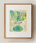 Original abstract monotype art in teal blue green sage lime and mustard yellow with mid century modern botanical shapes organic linework and layered texture 11 x 14 artwork matted to 16 x 20 modern wall art gift ideas for art lovers housewarming gift new home gift wedding gift anniversary gift retirement gift birthday gift for design lovers and collectors