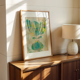 Original abstract monotype art in teal blue green sage lime and mustard yellow with mid century modern botanical shapes organic linework and layered texture 11 x 14 artwork matted to 16 x 20 modern wall art gift ideas for art lovers housewarming gift new home gift wedding gift anniversary gift retirement gift birthday gift for design lovers and collectors
