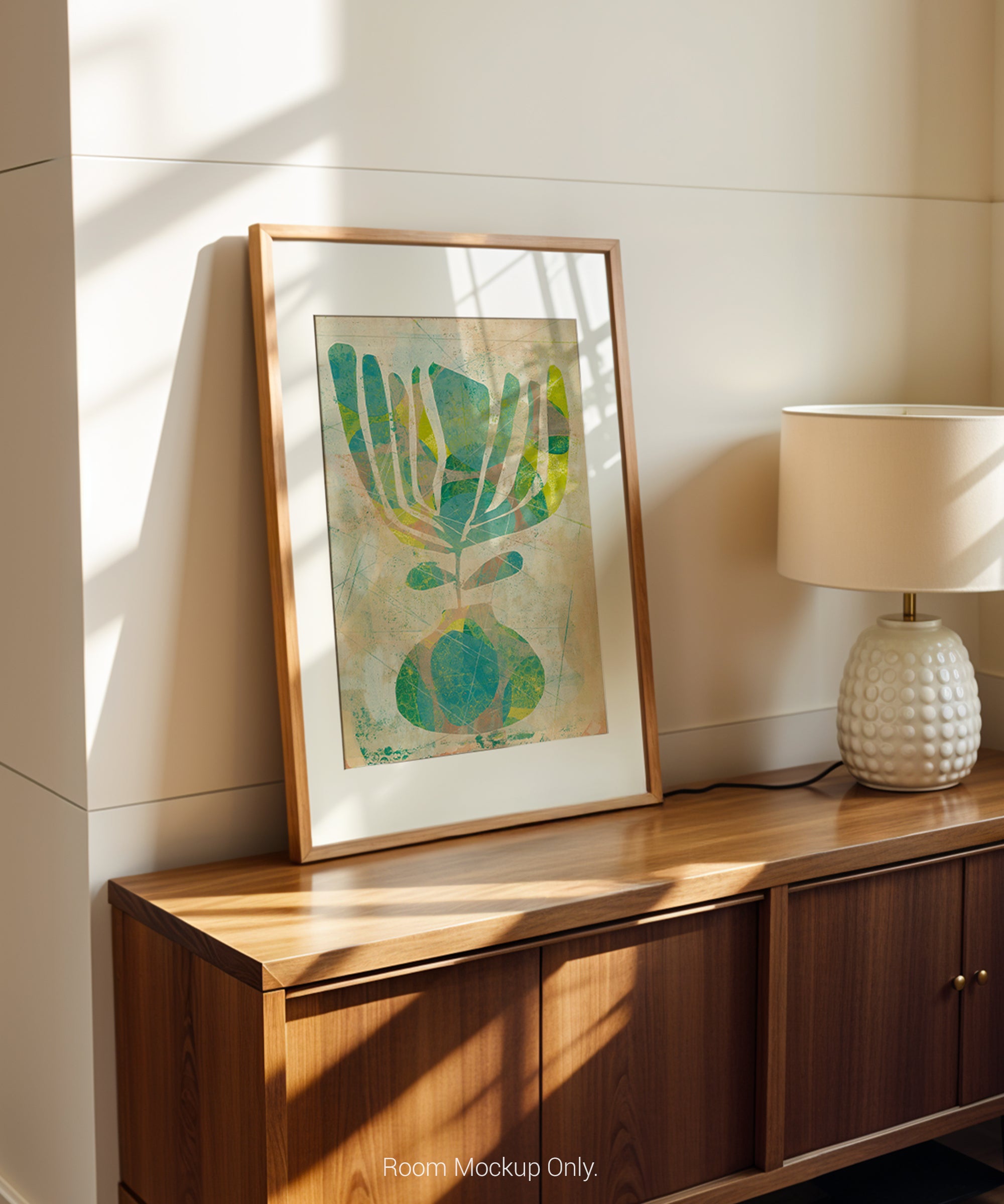 Original abstract monotype art in teal blue green sage lime and mustard yellow with mid century modern botanical shapes organic linework and layered texture 11 x 14 artwork matted to 16 x 20 modern wall art gift ideas for art lovers housewarming gift new home gift wedding gift anniversary gift retirement gift birthday gift for design lovers and collectors
