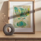Original abstract monotype art in teal blue green sage lime and mustard yellow with mid century modern botanical shapes organic linework and layered texture 11 x 14 artwork matted to 16 x 20 modern wall art gift ideas for art lovers housewarming gift new home gift wedding gift anniversary gift retirement gift birthday gift for design lovers and collectors