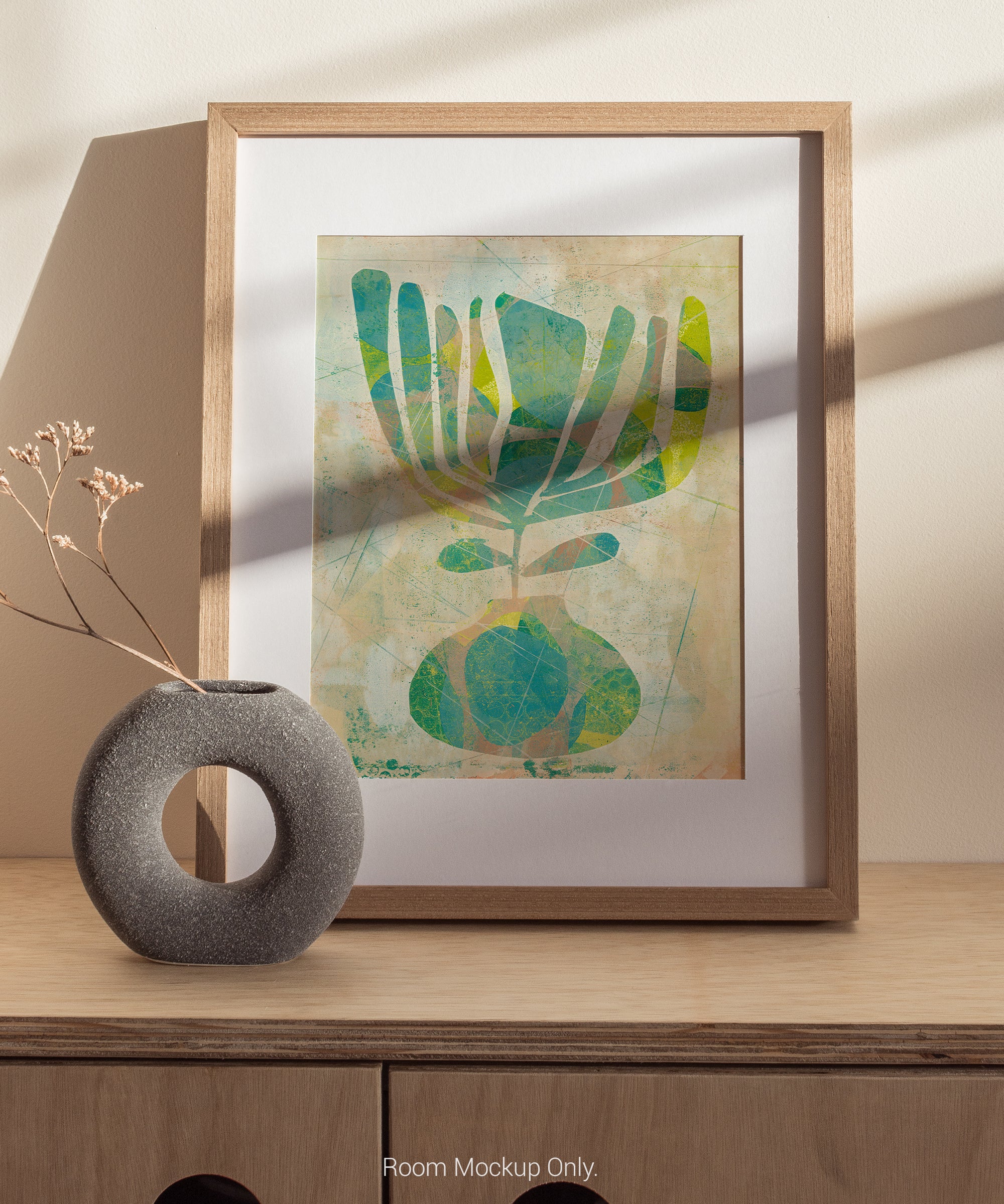 Original abstract monotype art in teal blue green sage lime and mustard yellow with mid century modern botanical shapes organic linework and layered texture 11 x 14 artwork matted to 16 x 20 modern wall art gift ideas for art lovers housewarming gift new home gift wedding gift anniversary gift retirement gift birthday gift for design lovers and collectors