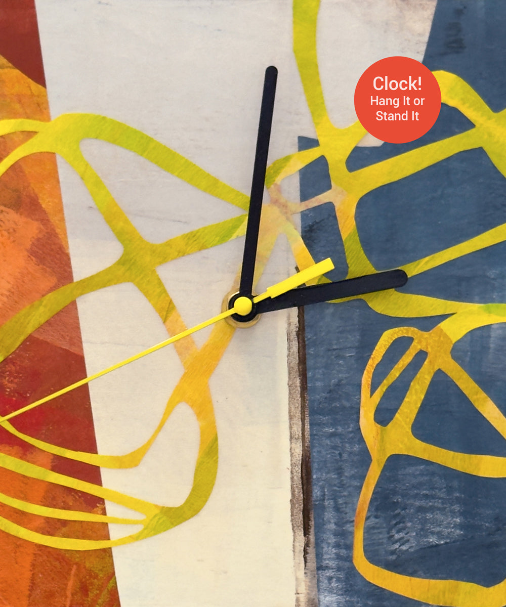 Original Art Clock Handmade Collage Design Hand Painted Papers Abstract Artwork Working Timepiece Warm Orange Raw Cream Steel Blue Color Palette Bold Yellow Tangling Line Pattern Contemporary Wall Art Functional Home Office Statement Piece