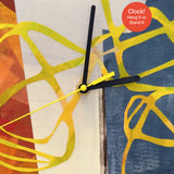 Original Art Clock Handmade Collage Design Hand Painted Papers Abstract Artwork Working Timepiece Warm Orange Raw Cream Steel Blue Color Palette Bold Yellow Tangling Line Pattern Contemporary Wall Art Functional Home Office Statement Piece