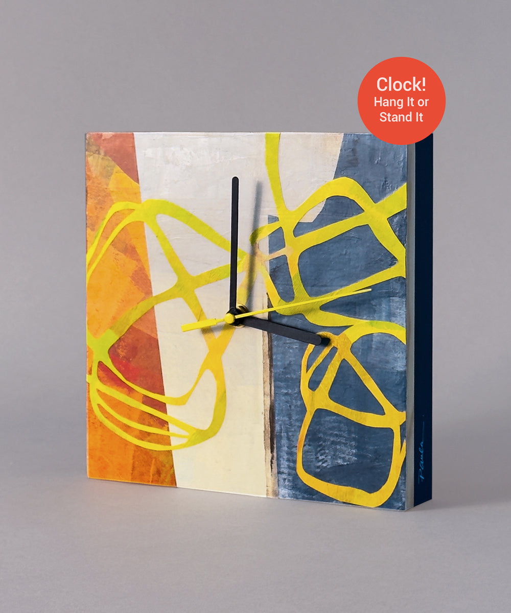 Functional Wall Art Original Clock Design Handmade Collage Hand Painted Papers Layered Abstract Artwork Working Timepiece Contemporary Home Statement Piece Warm Orange Cream Blue Color Palette Bold Yellow Line Pattern Unique Gift Art