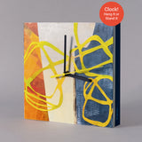 Functional Wall Art Original Clock Design Handmade Collage Hand Painted Papers Layered Abstract Artwork Working Timepiece Contemporary Home Statement Piece Warm Orange Cream Blue Color Palette Bold Yellow Line Pattern Unique Gift Art