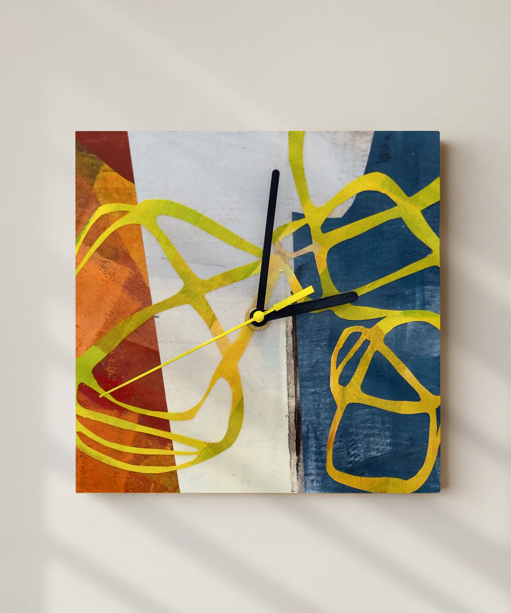 Abstract Art Timepiece Original Handmade Clock Collage Design Hand Painted Papers Layered Artwork Working Mechanism Warm Orange Raw Cream Steel Blue Palette Bold Yellow Tangling Line Contemporary Wall Statement Functional Home Office Art