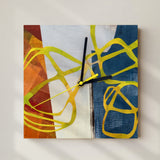Abstract Art Timepiece Original Handmade Clock Collage Design Hand Painted Papers Layered Artwork Working Mechanism Warm Orange Raw Cream Steel Blue Palette Bold Yellow Tangling Line Contemporary Wall Statement Functional Home Office Art