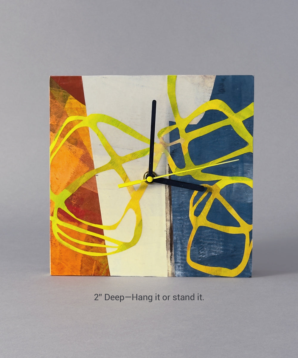 One Of A Kind Clock Art Original Handmade Design Collage Hand Painted Papers Abstract Working Timepiece Contemporary Wall Statement Warm Orange Raw Cream Steel Blue Palette Bold Yellow Tangling Line Functional Home Office Art Unique Gift