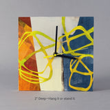 One Of A Kind Clock Art Original Handmade Design Collage Hand Painted Papers Abstract Working Timepiece Contemporary Wall Statement Warm Orange Raw Cream Steel Blue Palette Bold Yellow Tangling Line Functional Home Office Art Unique Gift