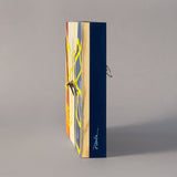 Handmade Wall Clock Original Art Design Abstract Collage Hand Painted Papers Artistic Timepiece Working Mechanism Contemporary Statement Piece Warm Orange Cream Blue Color Palette Bold Yellow Line Pattern Functional Home Office Art Unique