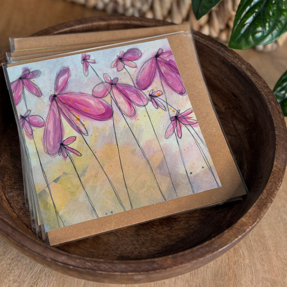Set of cards in bowl of a 6×6 blank acrylic and ink note card “Starlit Daisies” with kraft envelope on tabletop—perfect blank thank you cards, baby shower thank you cards, graduation thank you cards, wedding note.