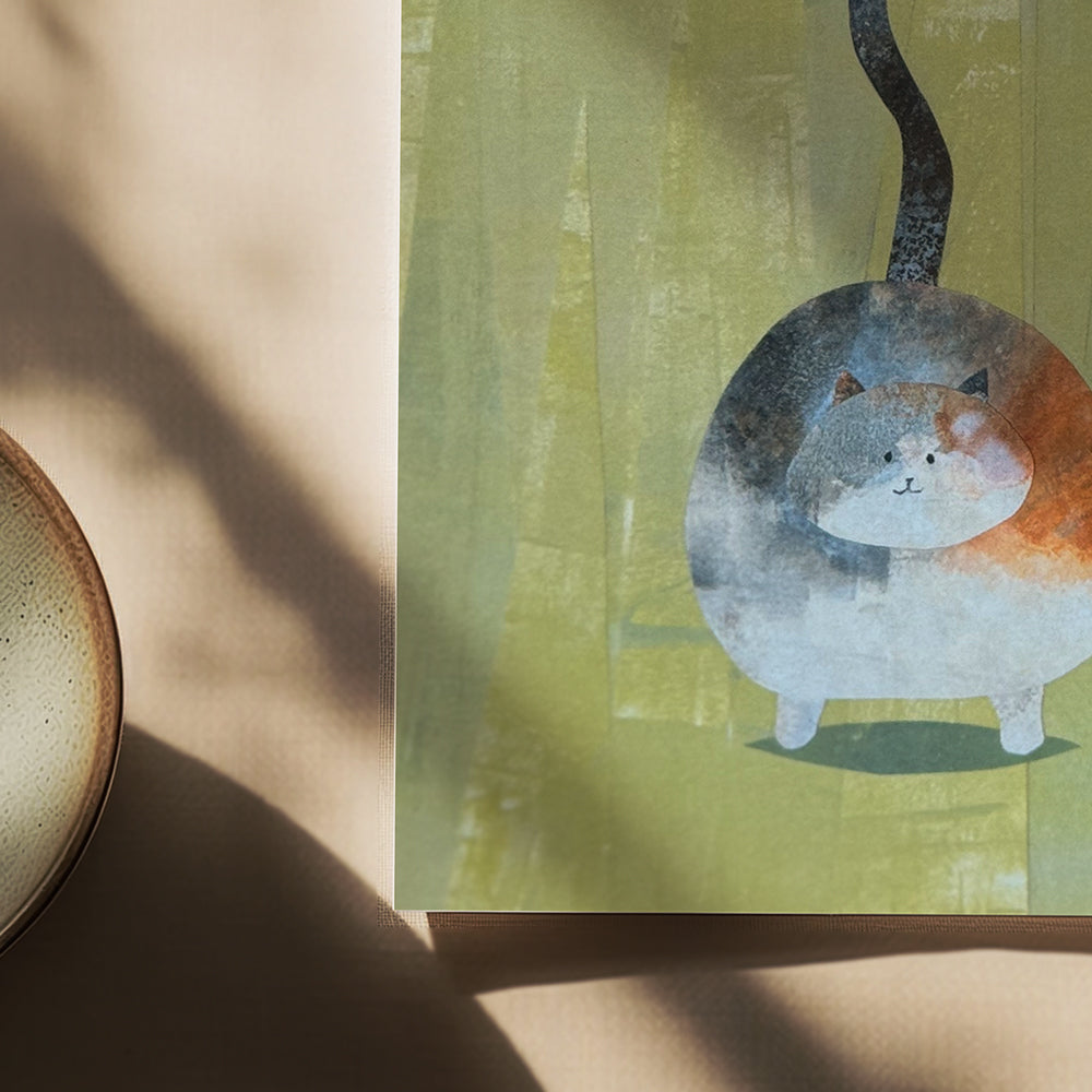 Close up view of a 6×6 blank collage note card “Happy Cat” with kraft envelope on tabletop—perfect for cat lovers, blank thank you cards, calico cat cards, baby shower thank you cards, graduation thank you cards, wedding note.