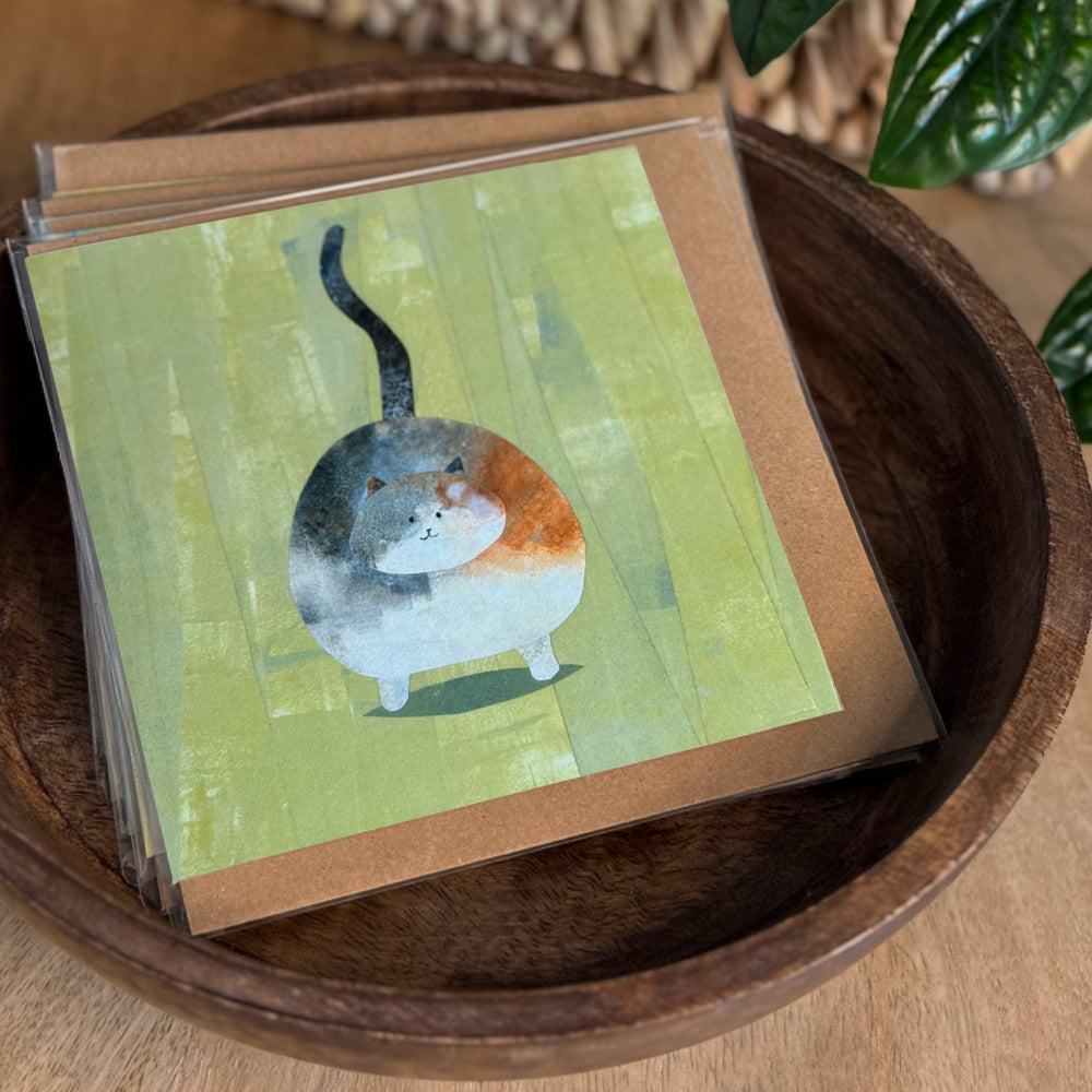 Set of cards in a bowl of a 6×6 blank collage note card “Happy Cat” with kraft envelope on tabletop—perfect for cat lovers, blank thank you cards, calico cat cards, baby shower thank you cards, graduation thank you cards, wedding note.