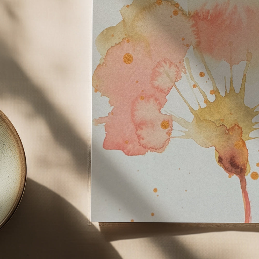 Close up view of a 6×6 blank watercolor note card “Golden Blush” with kraft envelope—perfect blank thank you cards, baby shower thank you cards, graduation thank you cards, wedding note.