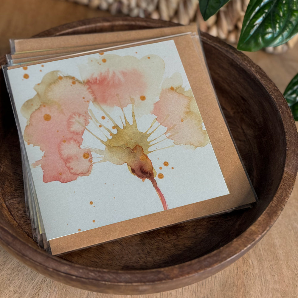 Set of cards in bowl of a 6×6 blank watercolor note card “Golden Blush” with kraft envelope—perfect blank thank you cards, baby shower thank you cards, graduation thank you cards, wedding note.