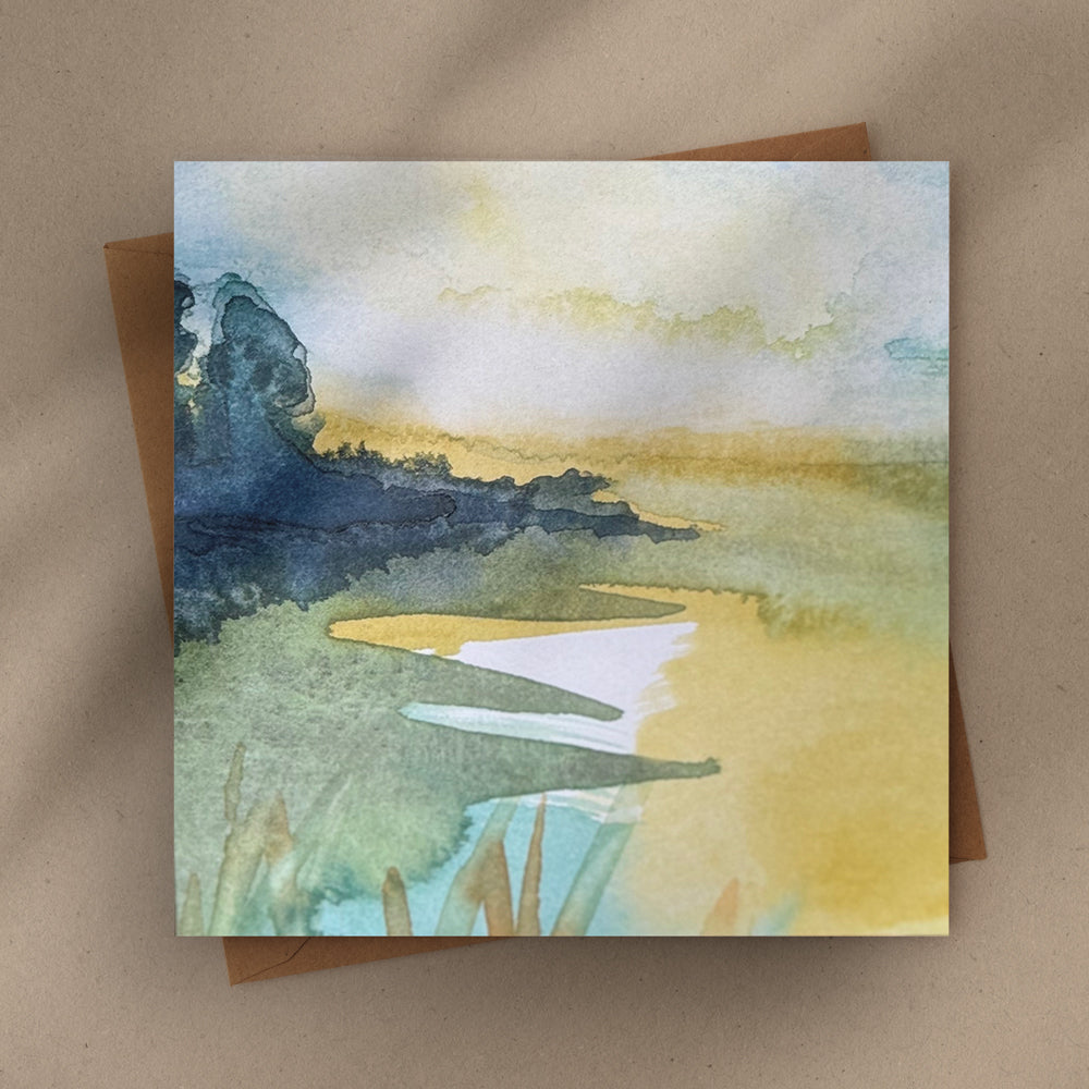 Flat lay of a 6×6 blank watercolor note card “Golden Hour” with kraft envelope—perfect blank thank you cards, condolence cards, bereavement cards, graduation thank you cards, wedding note.