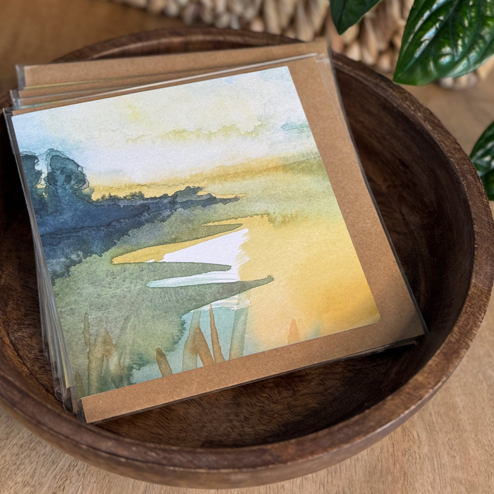 Set of card in bowl of a 6×6 blank watercolor note card “Golden Hour” with kraft envelope—perfect blank thank you cards, condolence cards, bereavement cards, graduation thank you cards, wedding note.