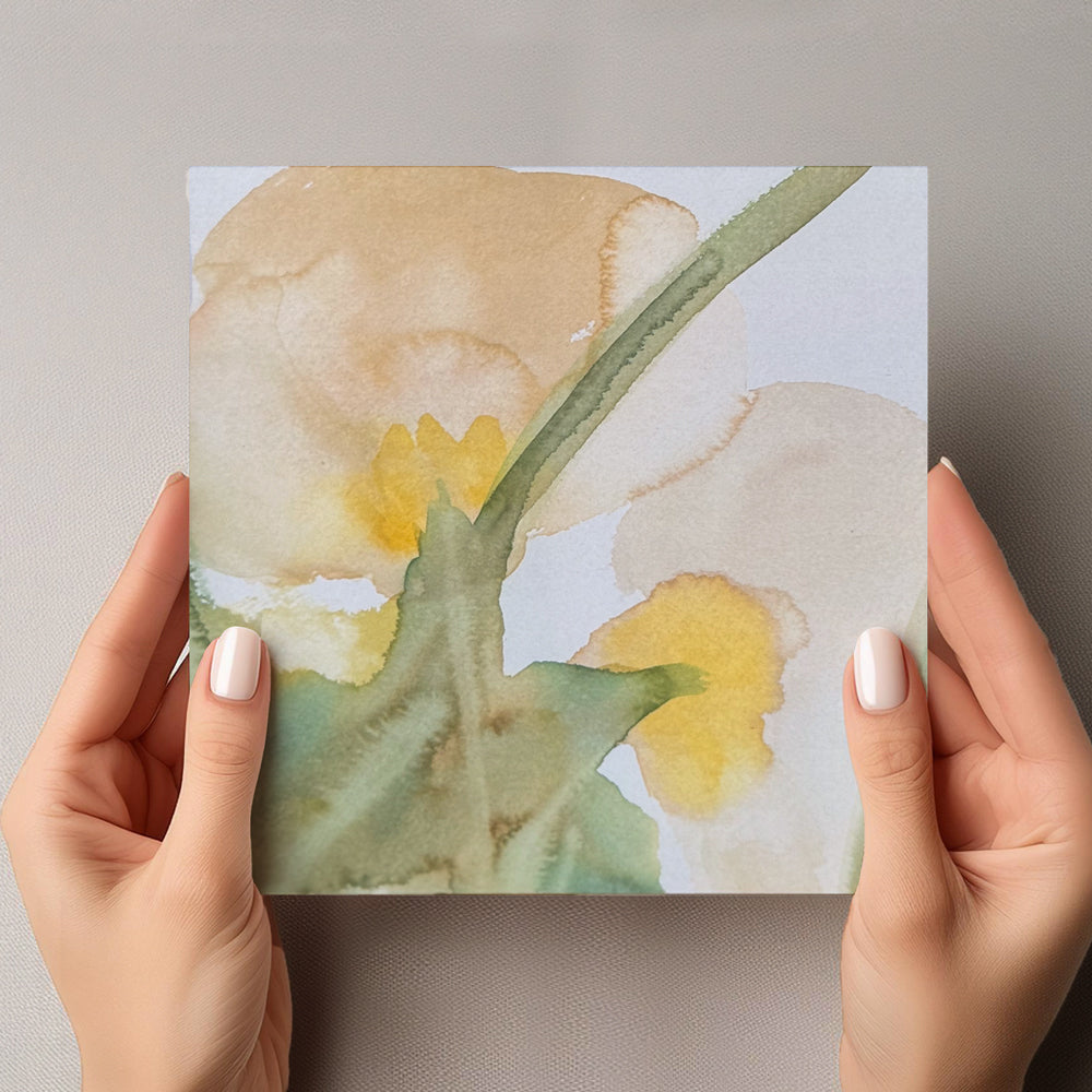 Front view of hands holding a 6×6 blank watercolor note card “Gentle Anemones” with abstract white blooms and muted greenery—perfect blank thank you cards, wedding note, baby shower thank you cards, graduation thank you cards.