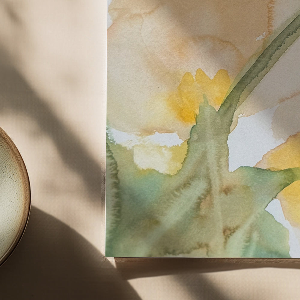 Flat-lay view of a 6×6 blank watercolor note card “Gentle Anemones” on a neutral surface with soft shadows—ideal blank thank you cards, baby shower thank you cards, graduation thank you cards, wedding note.