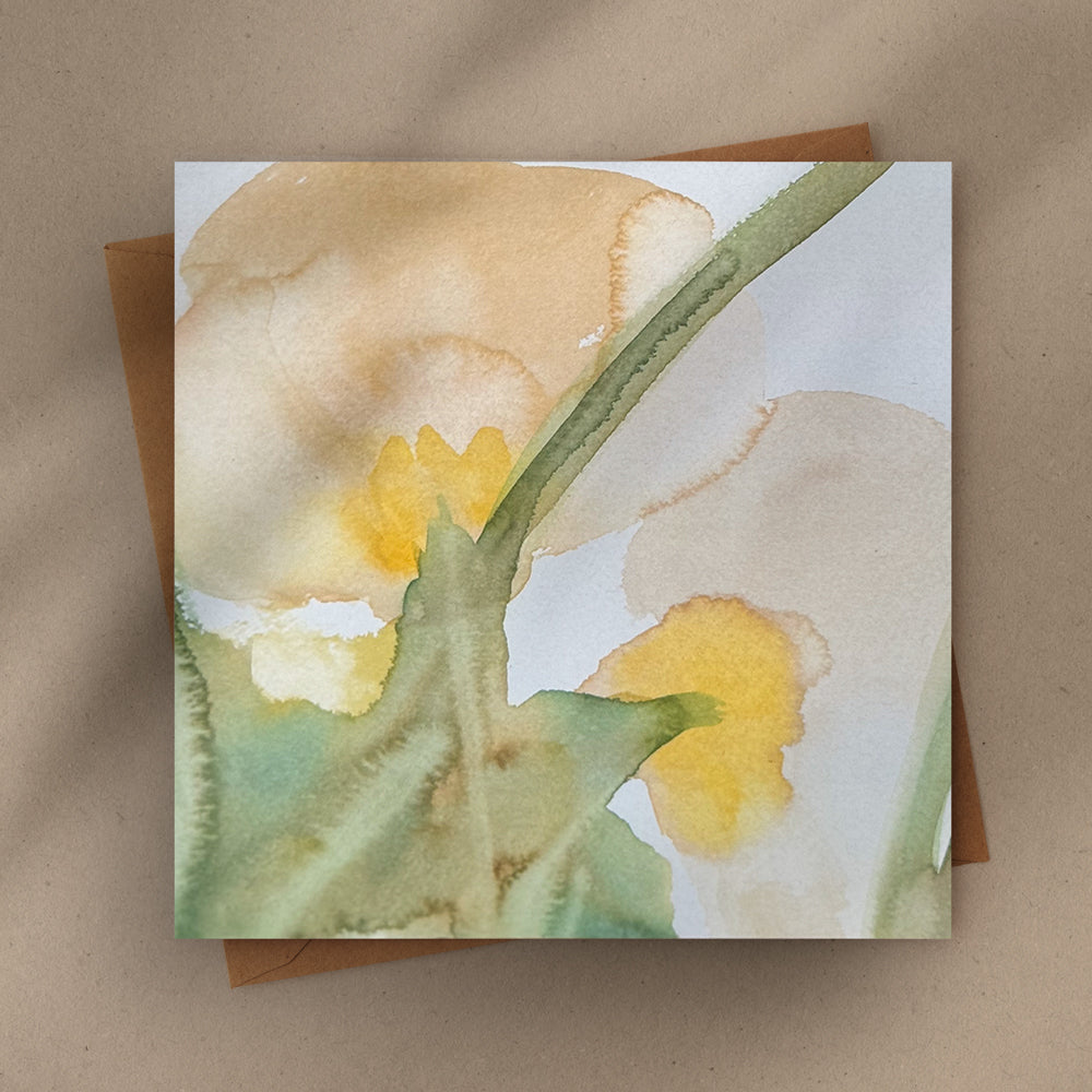 Flat-lay of 6×6 blank watercolor note card “Gentle Anemones” on a kraft envelope with soft natural shadows—perfect blank thank you cards, baby shower thank you cards, graduation thank you cards, wedding note.