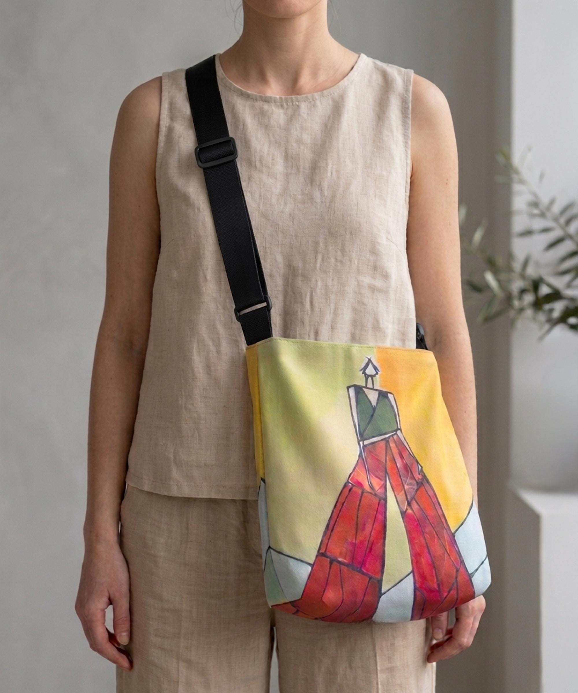 Canvas Crossbody Bag Adjustable Shoulder Strap Colorful Art Print Design Perfect Artist Gift Unique Wearable Art Fashion Vibrant Geometric Pattern Women Everyday Handbag Reusable Shopping Tote Messenger Style Purse Durable Canvas