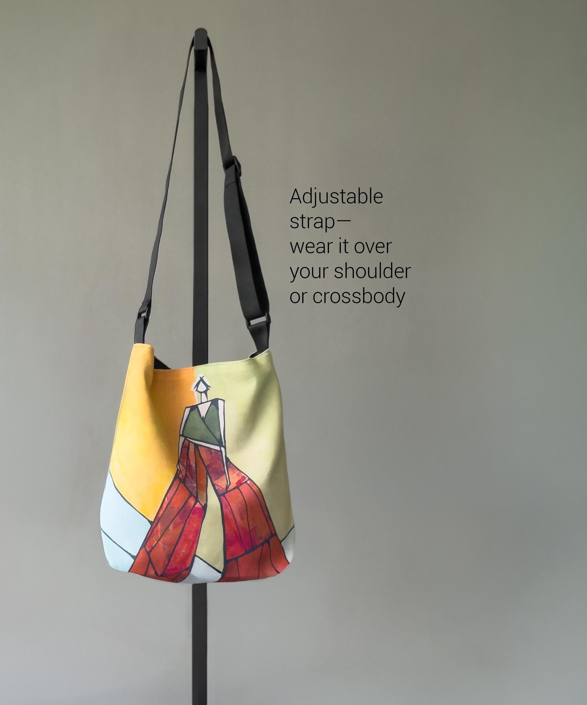 Colorful Art Print Bag Canvas Crossbody Tote Vibrant Geometric Design Abstract Watercolor Pattern Unique Wearable Artwork Adjustable Shoulder Strap Women Fashion Handbag Modern Artist Accessory Bohemian Style Carryall Durable Canvas