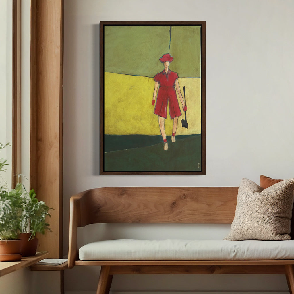 Modern abstract golf original artwork featuring a female golfer in red with a driver, shown as framed wall art in a minimalist home interior. Stylish painting for wall art decor, offered as framed art, poster prints, and premium art prints from graylinghome.com.